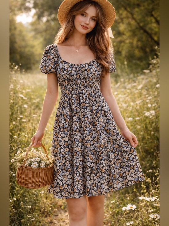 Hollister Dresses & Skirts - Hollister Floral Smocked Mini Dress Black Blue Yellow Ditsy Puff Sleeve Small